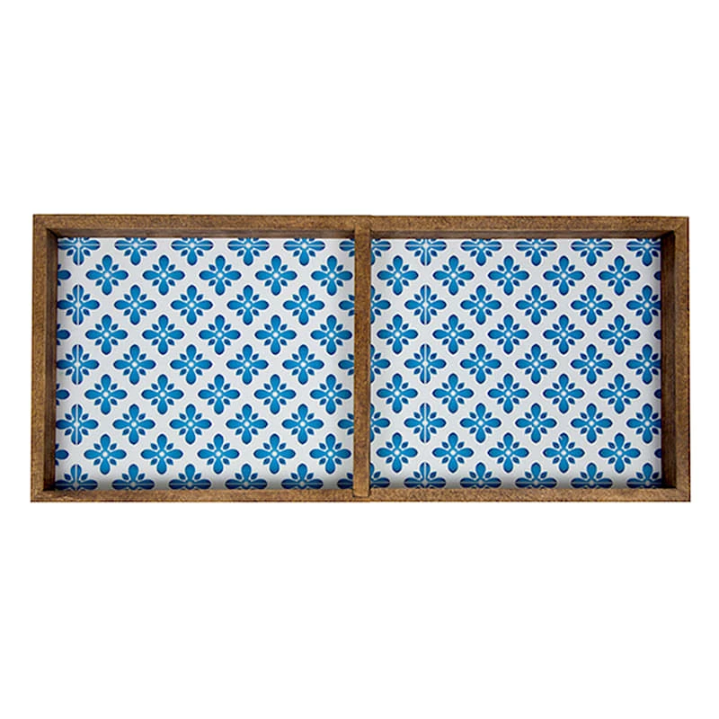 2-Compartment Blue Tile Wood Tray, 14" 4 2-Compartment Blue Tile Wood Tray, 14" - Image 2
