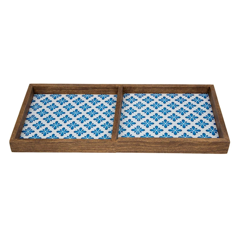 2-Compartment Blue Tile Wood Tray, 14" 5 2-Compartment Blue Tile Wood Tray, 14" - Image 3