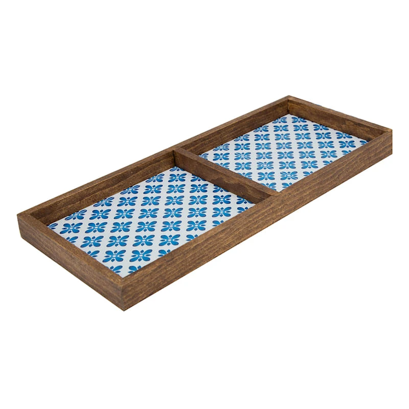 2-Compartment Blue Tile Wood Tray, 14" 3 2-Compartment Blue Tile Wood Tray, 14"