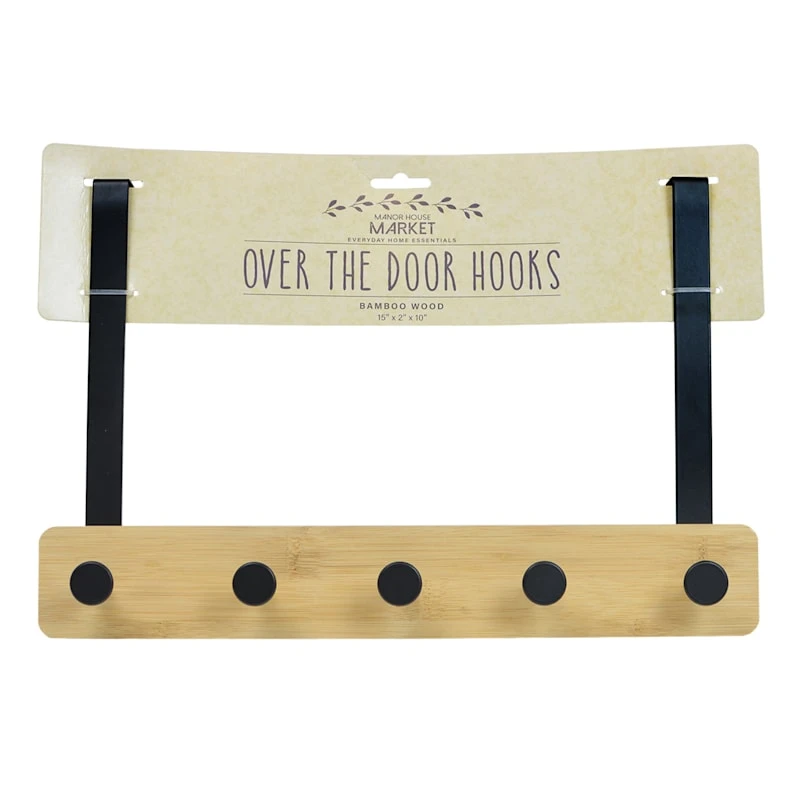 5-Hook Black Metal With Bamboo Wood Over The Door Hanger 3 5-Hook Black Metal With Bamboo Wood Over The Door Hanger