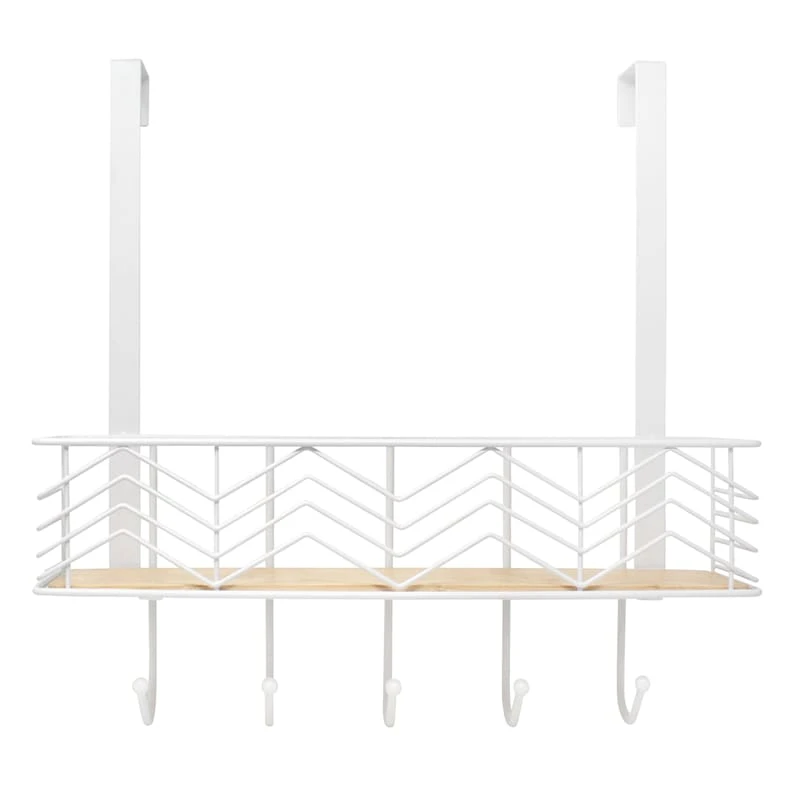 5-Hook White Chevron Bombay Diamond With Bamboo Wooden Basket Over The Door Hanger 3 5-Hook White Chevron Bombay Diamond With Bamboo Wooden Basket Over The Door Hanger