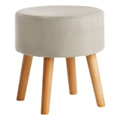 Emmy Grey Velvet Round Wood Leg Ottoman