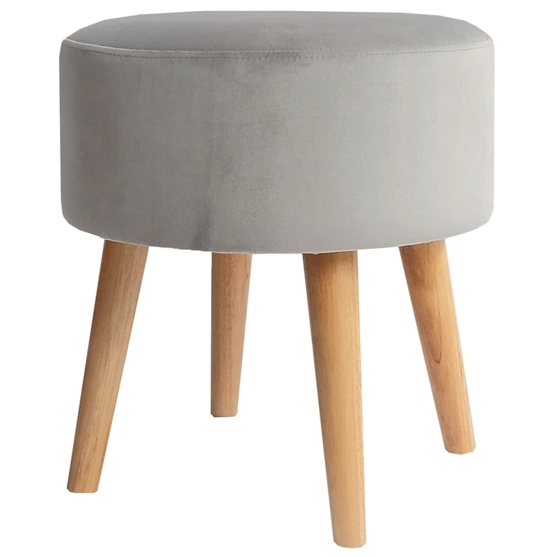 Emmy Grey Velvet Round Wood Leg Ottoman 6 Emmy Grey Velvet Round Wood Leg Ottoman - Image 4