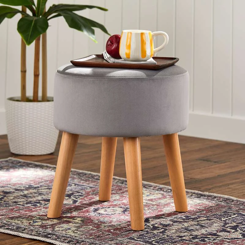 Emmy Grey Velvet Round Wood Leg Ottoman 7 Emmy Grey Velvet Round Wood Leg Ottoman - Image 5