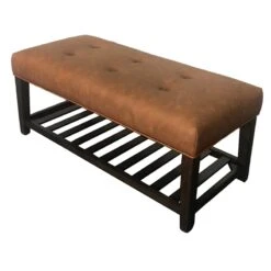 Honeybloom Collins Leather Bench, Brown -Furniture Series Store honeybloom collins leather bench brown 2