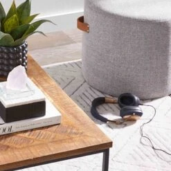 Honeybloom Rica Textured Pouf With Faux Leather Handles, Grey -Furniture Series Store honeybloom rica textured pouf with faux leather handles grey 4