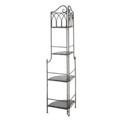 Metal Corner Rack With Brown Decorative Arch & Folding Wood-Top Shelves, 63" -Furniture Series Store metal corner rack with brown decorative arch folding wood top shelves 63 2