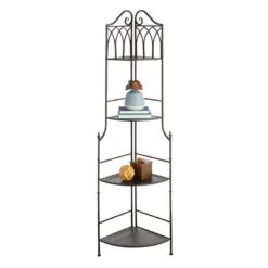 Metal Corner Rack With Brown Decorative Arch & Folding Wood-Top Shelves, 63" -Furniture Series Store metal corner rack with brown decorative arch folding wood top shelves 63 5