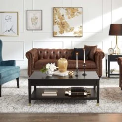 Providence Chesterfield Brown Faux Leather Tufted Sofa, 79" -Furniture Series Store providence chesterfield brown faux leather tufted sofa 79 7