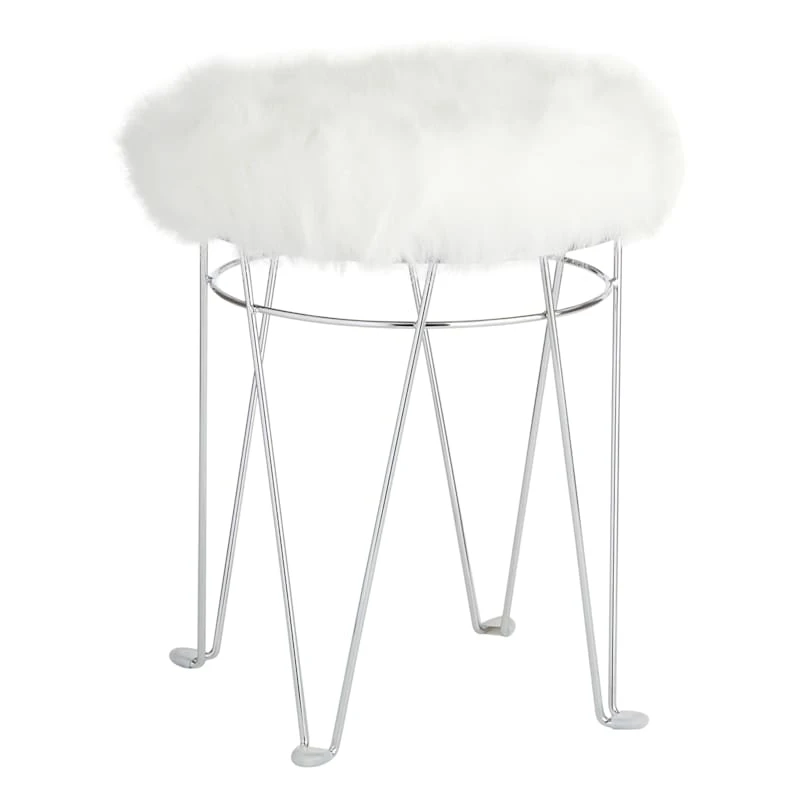 Rion Chrome Wire Vanity Stool/Padded White Faux Fur Seat 3 Rion Chrome Wire Vanity Stool/Padded White Faux Fur Seat