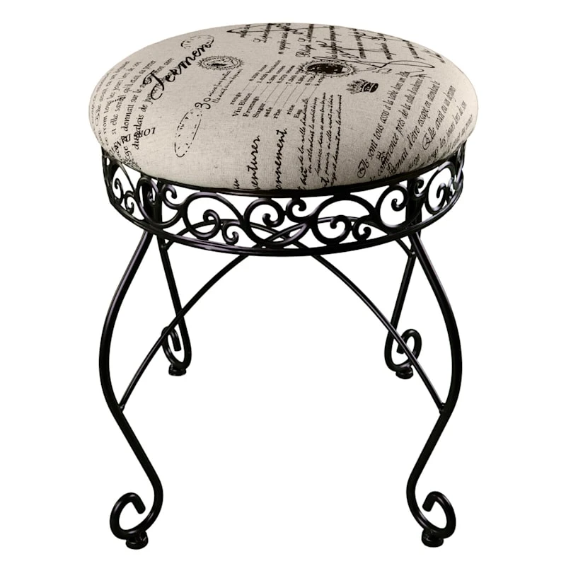 Round Metal Scroll Vanity Stool With French Script Cushion 4 Round Metal Scroll Vanity Stool With French Script Cushion - Image 2
