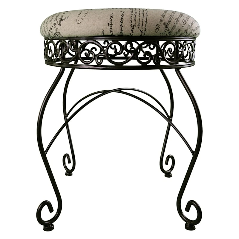 Round Metal Scroll Vanity Stool With French Script Cushion 3 Round Metal Scroll Vanity Stool With French Script Cushion